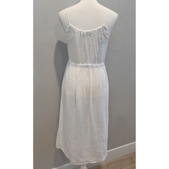 Vince 100% Linen Ruched Sleeveless Midi Dress Women’s S White Tie Waist Pockets - Picture 3 of 11